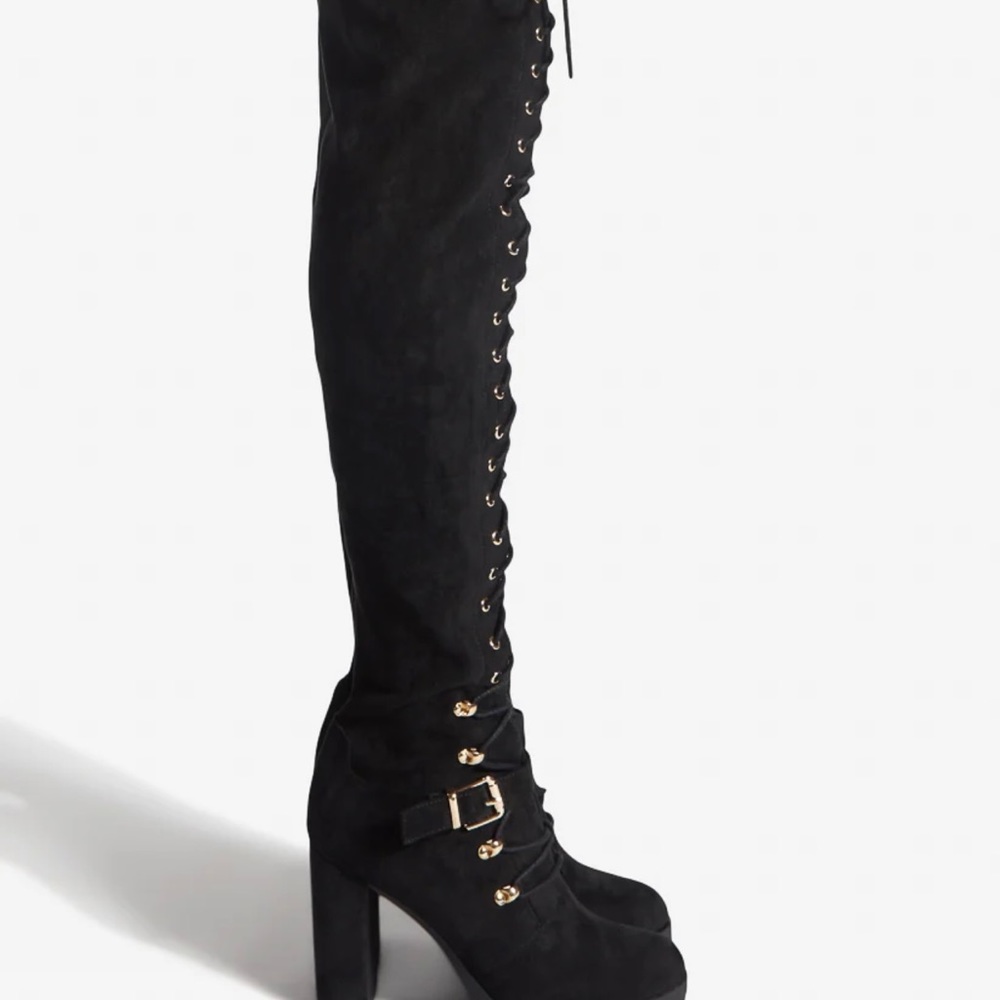 Black lace up thigh high heeled boots new!! Size 8 - Picture 4 of 4
